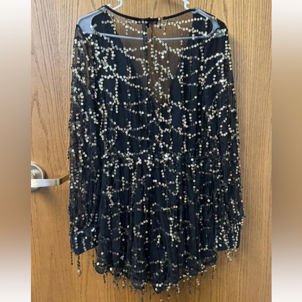 Xtaren Black with Gold Sequin V-Neck Long Sleeve Sheer romper - Picture 4 of 11